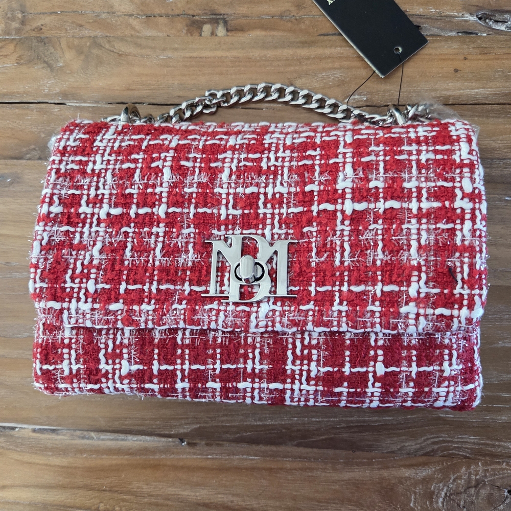 New with Tags Badgley Mischka Red & White Bouclé Tweed Shoulder Bag